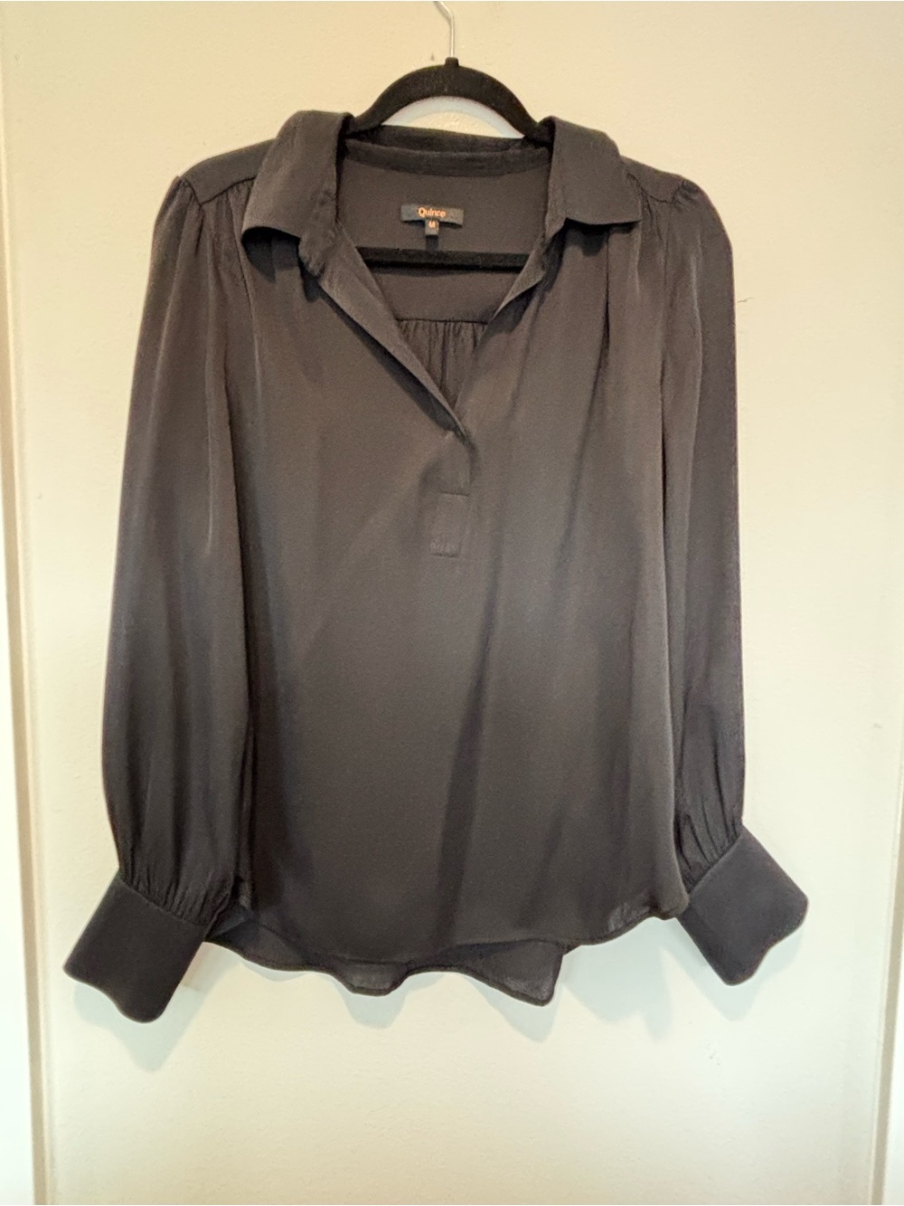 Quince Black Long-Sleeve Satin Blouse
